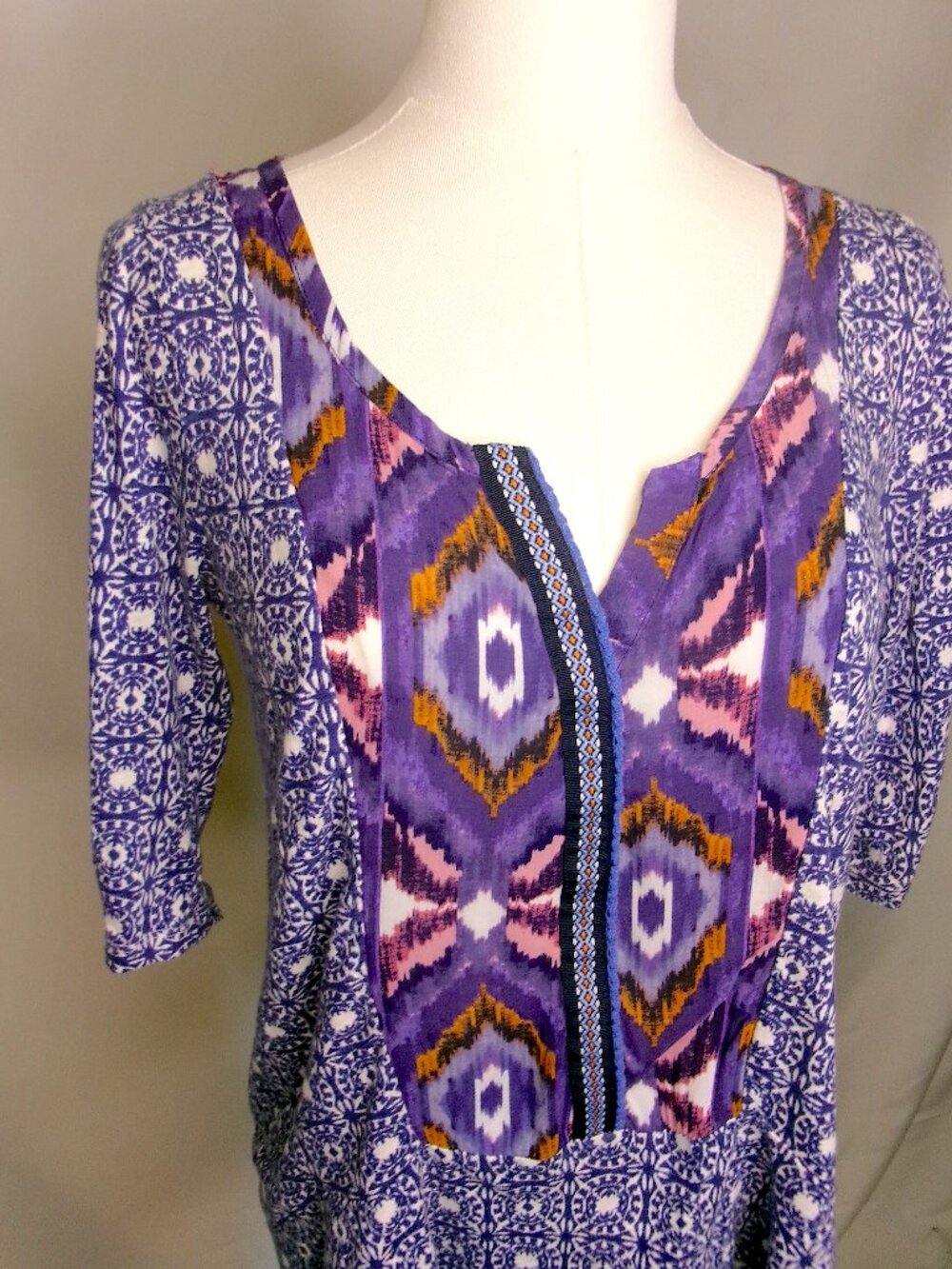 Anthropologie Akemi + Kin Boho Tunic Top Small Purple Ikat Mixed Print Peasant